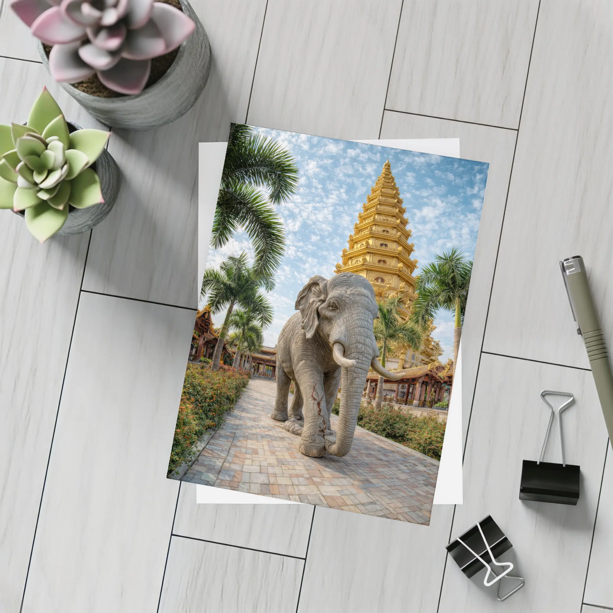 Elephant Walking Toward Golden Buddhist Pagoda – Postcards