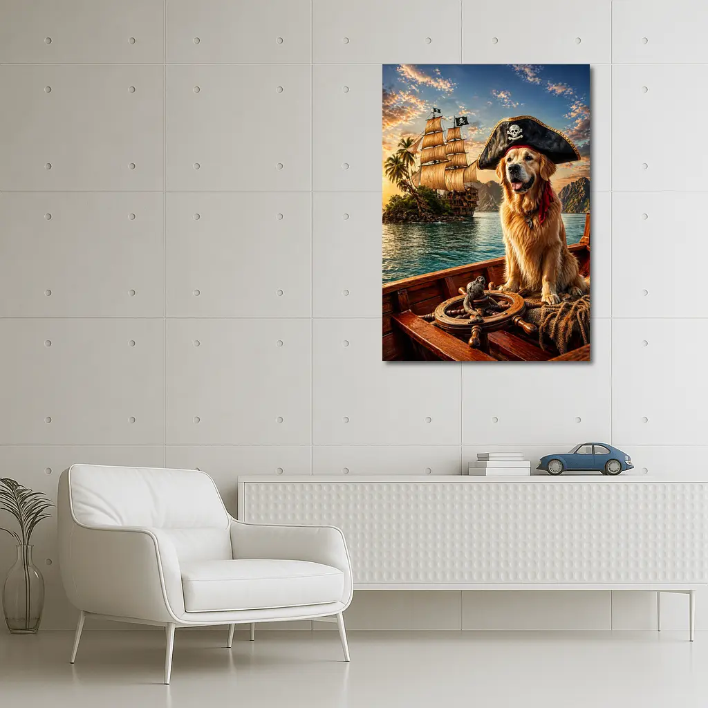 Golden Retriever Pirate Captain Sailing Tropical Island – Wall Art