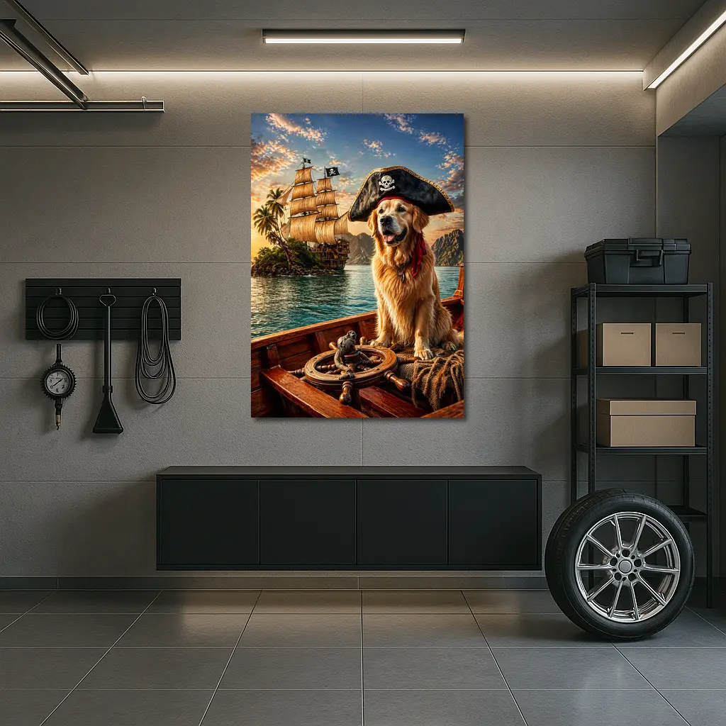 Golden Retriever Pirate Captain Sailing Tropical Island – Wall Art