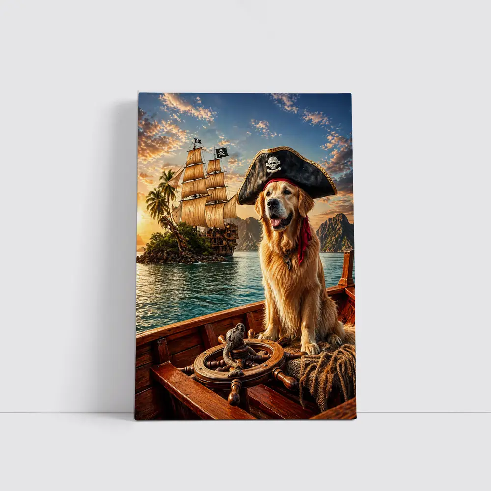 Golden Retriever Pirate Captain Sailing Tropical Island – Wall Art