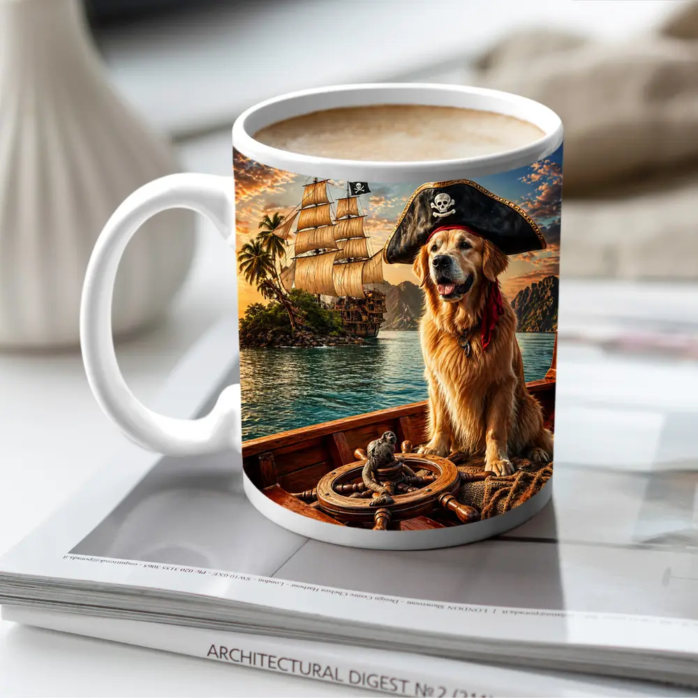 Golden Retriever Pirate Captain Sailing Tropical Island – Mugs