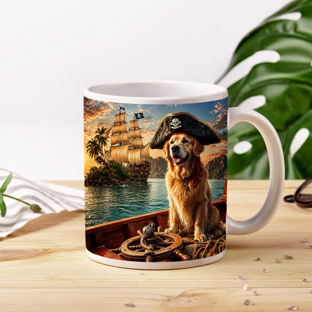 Golden Retriever Pirate Captain Sailing Tropical Island – Mugs
