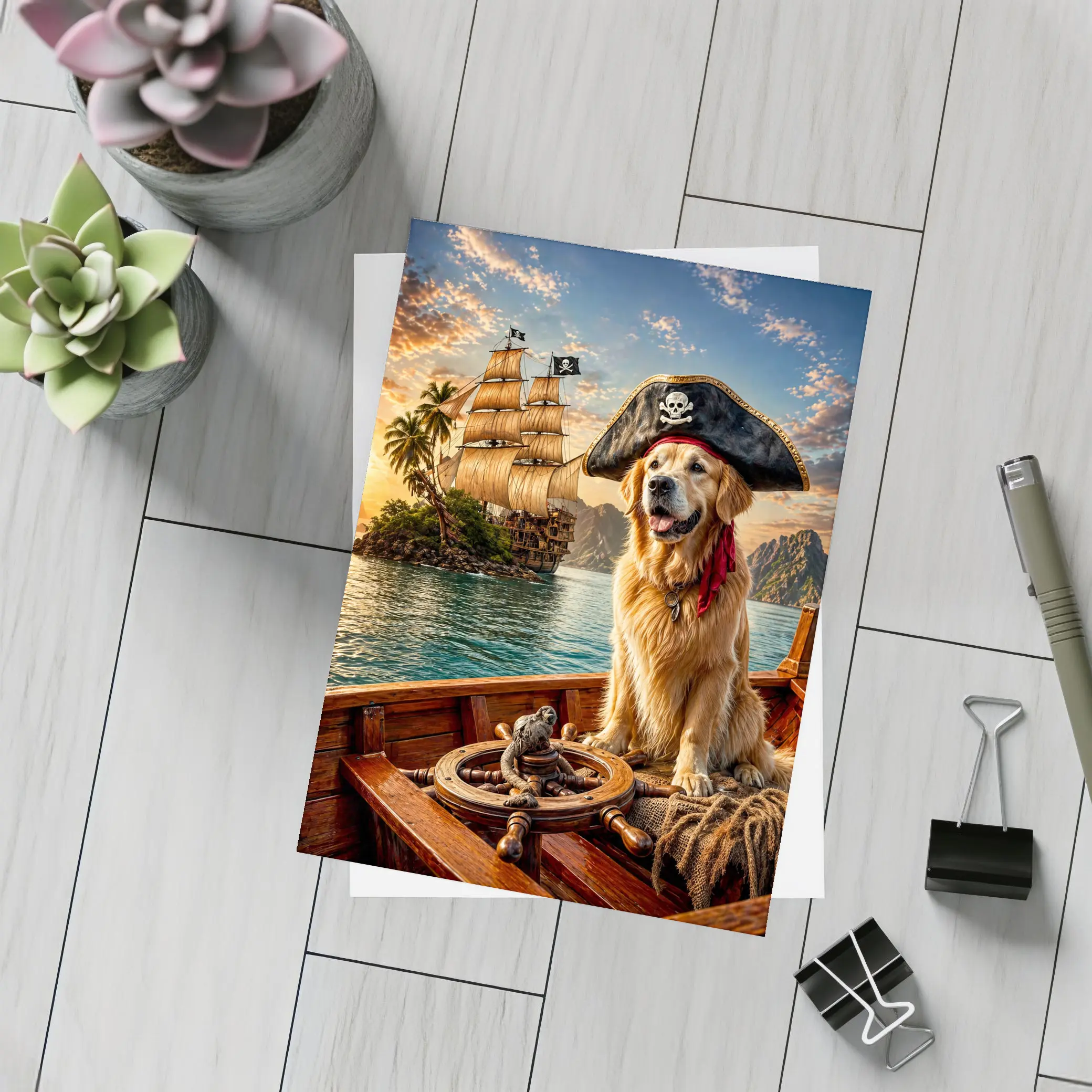 Golden Retriever Pirate Captain Sailing Tropical Island – Postcards