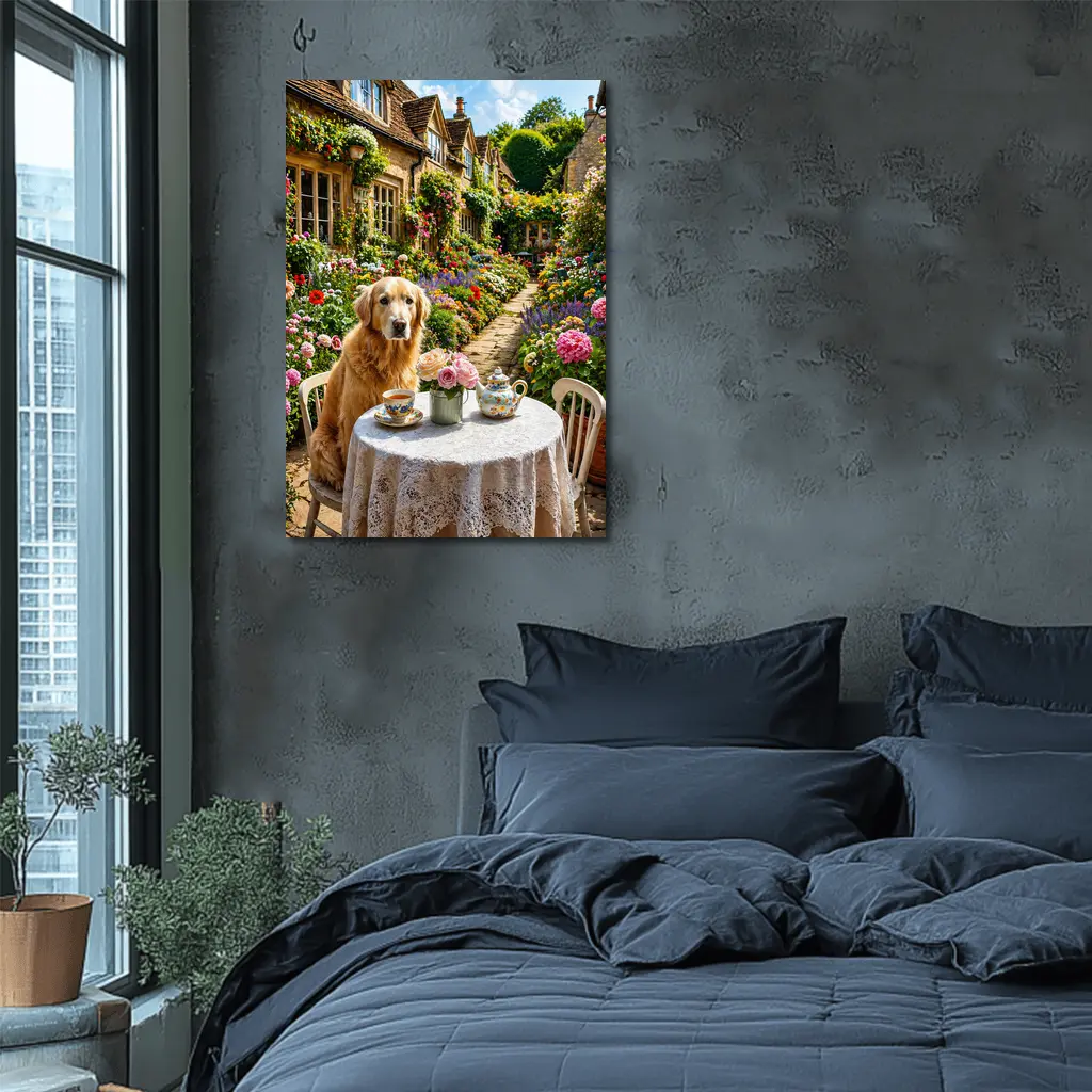 Golden Retriever Tea Time Cottage Garden – Wall Art