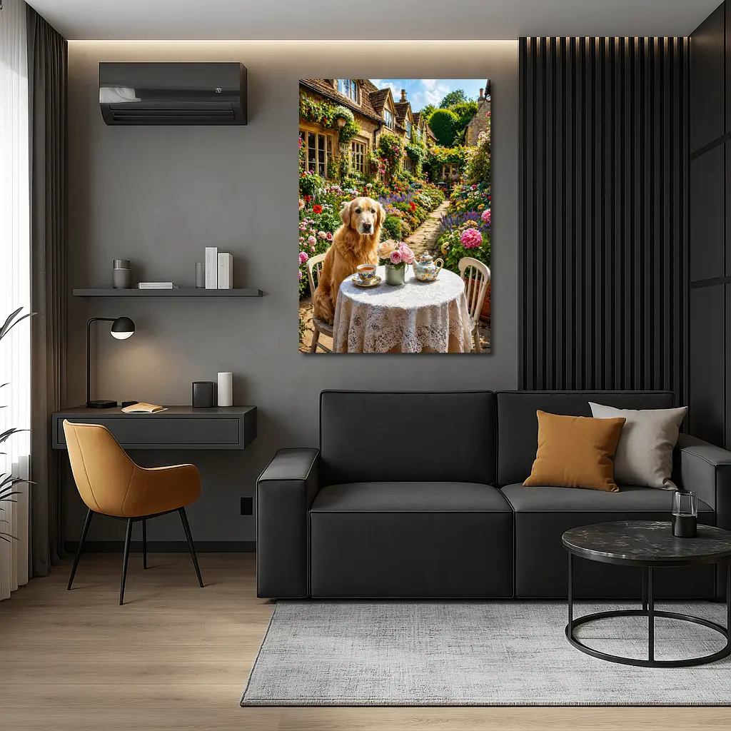 Golden Retriever Tea Time Cottage Garden – Wall Art