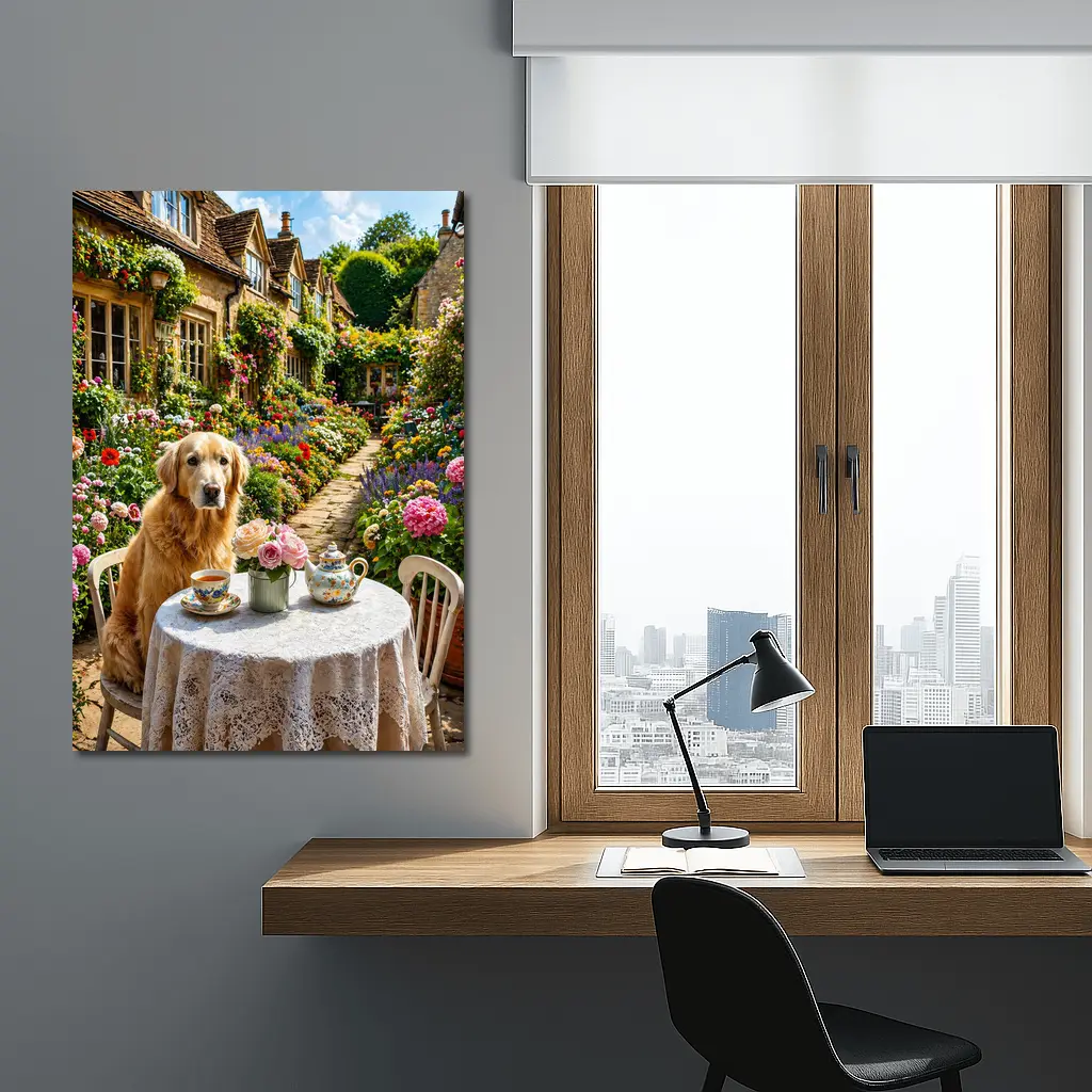 Golden Retriever Tea Time Cottage Garden – Wall Art