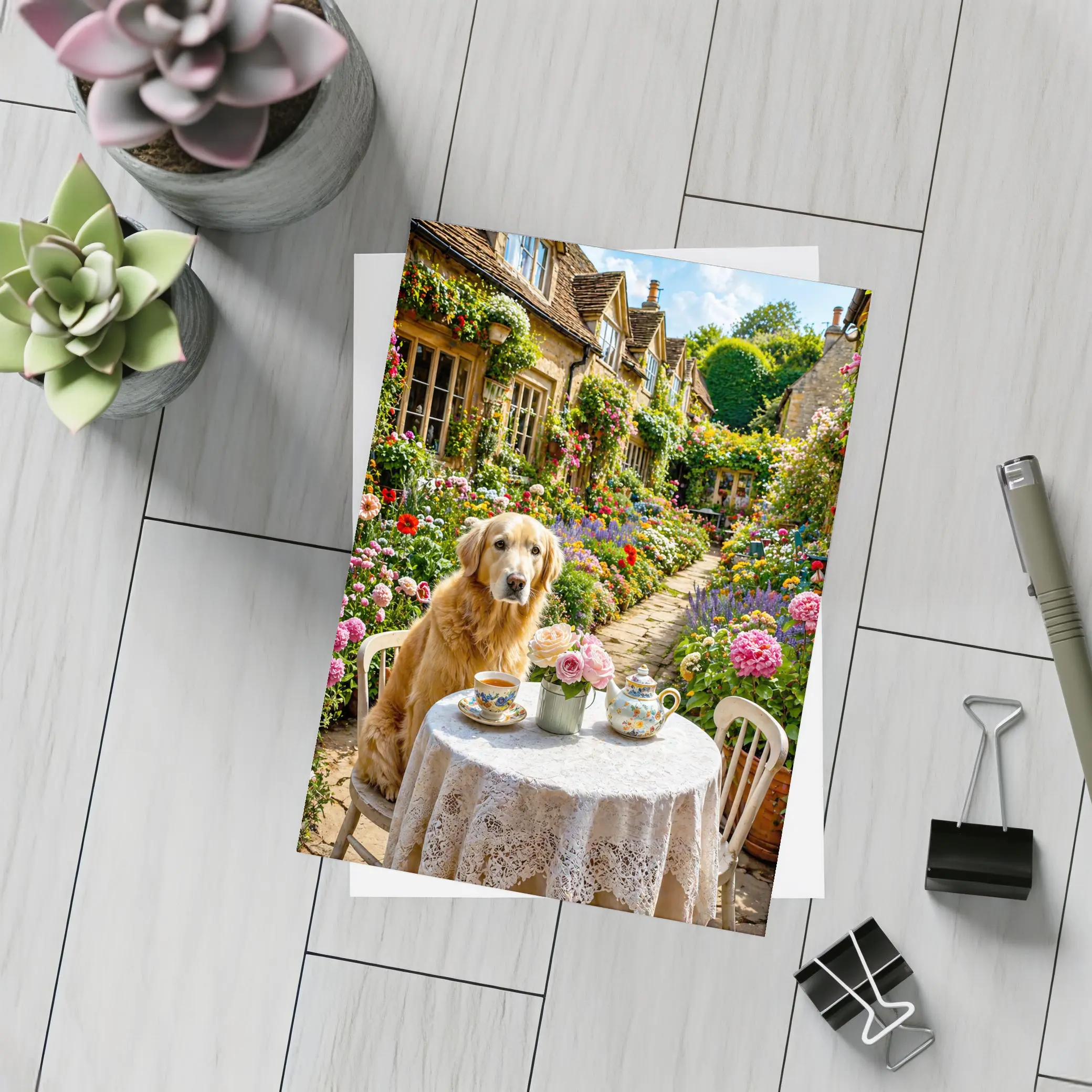 Golden Retriever Tea Time Cottage Garden – Postcards
