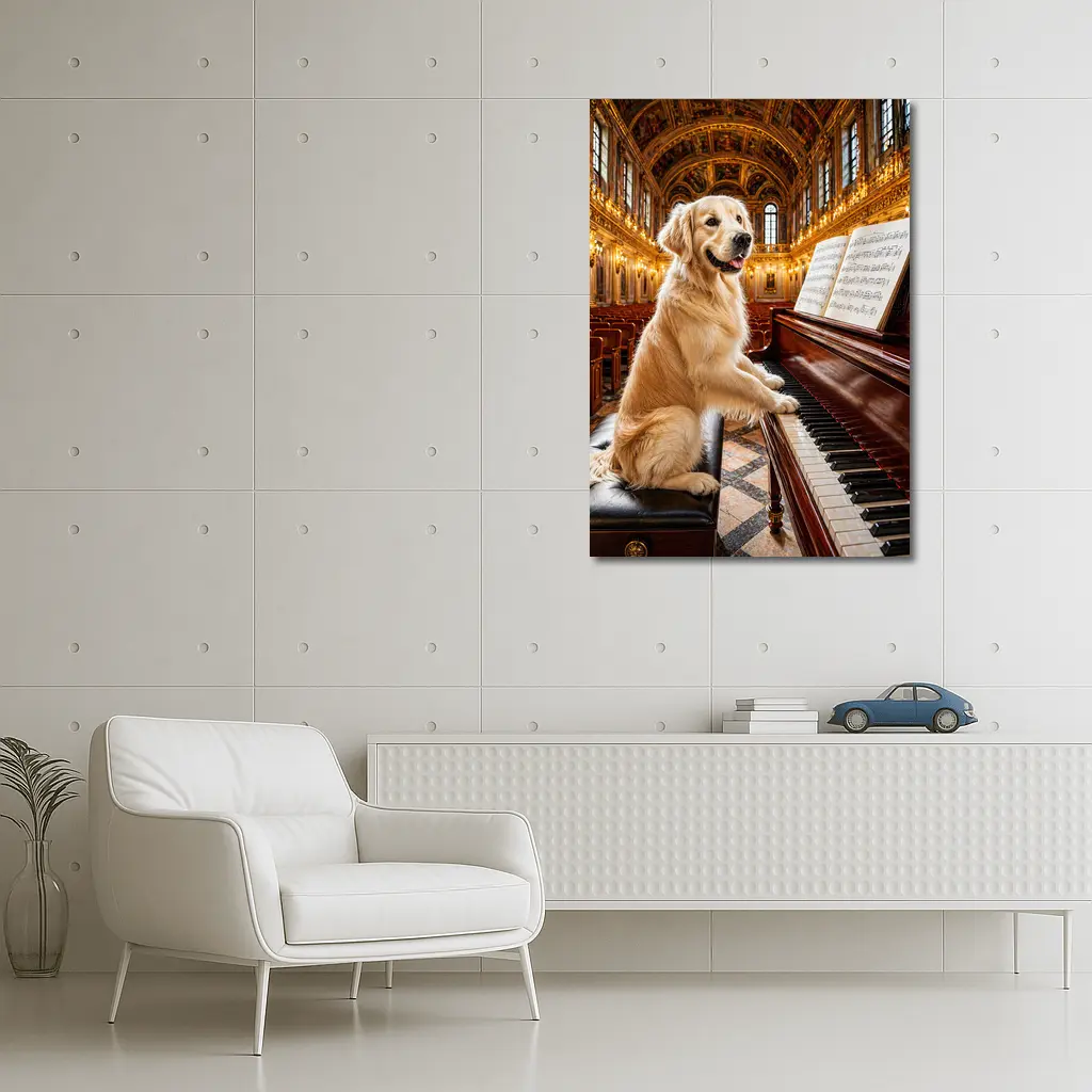 Golden Retriever Playing Piano Concert Hall – Wall Art