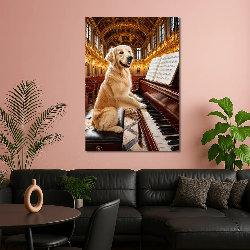 Golden Retriever Playing Piano Concert Hall – Wall Art