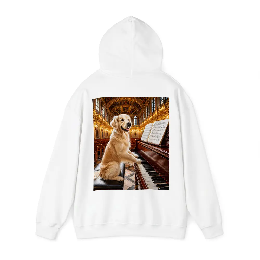 Golden Retriever Playing Piano Concert Hall – Hoodies