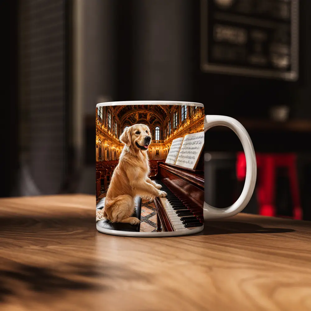 Golden Retriever Playing Piano Concert Hall – Mugs