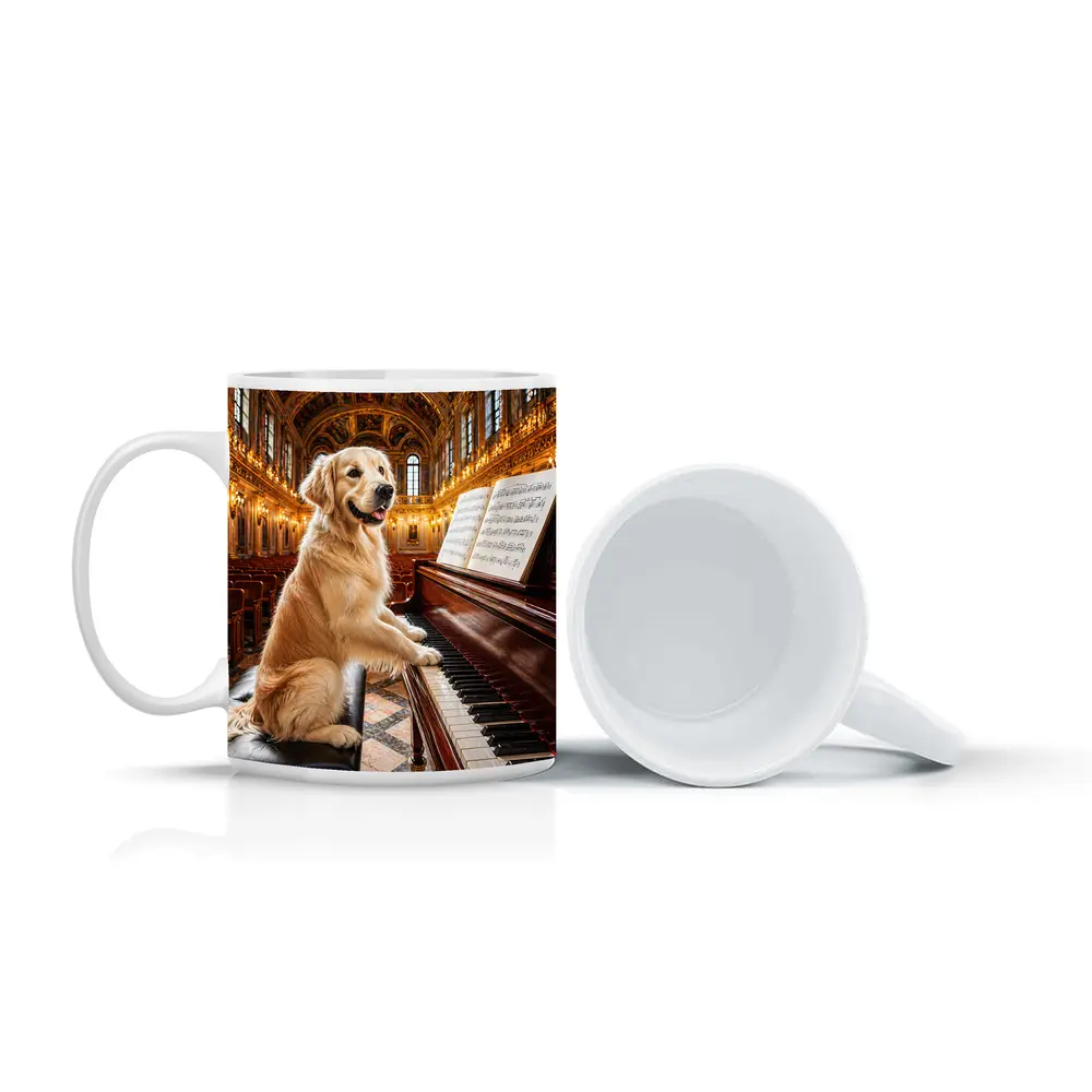 Golden Retriever Playing Piano Concert Hall – Mugs