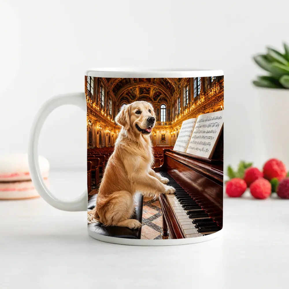 Golden Retriever Playing Piano Concert Hall – Mugs