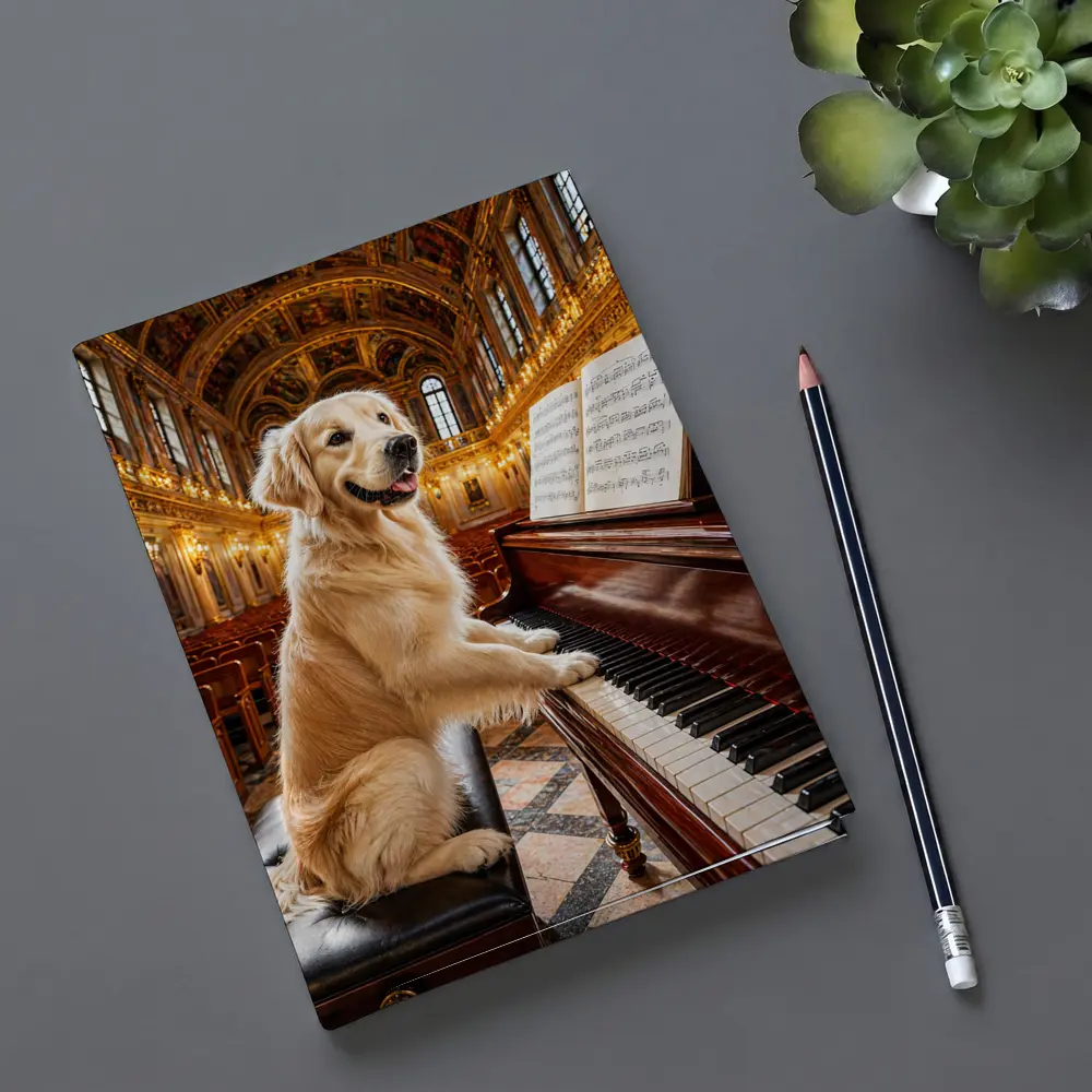 Golden Retriever Playing Piano Concert Hall – Notebooks