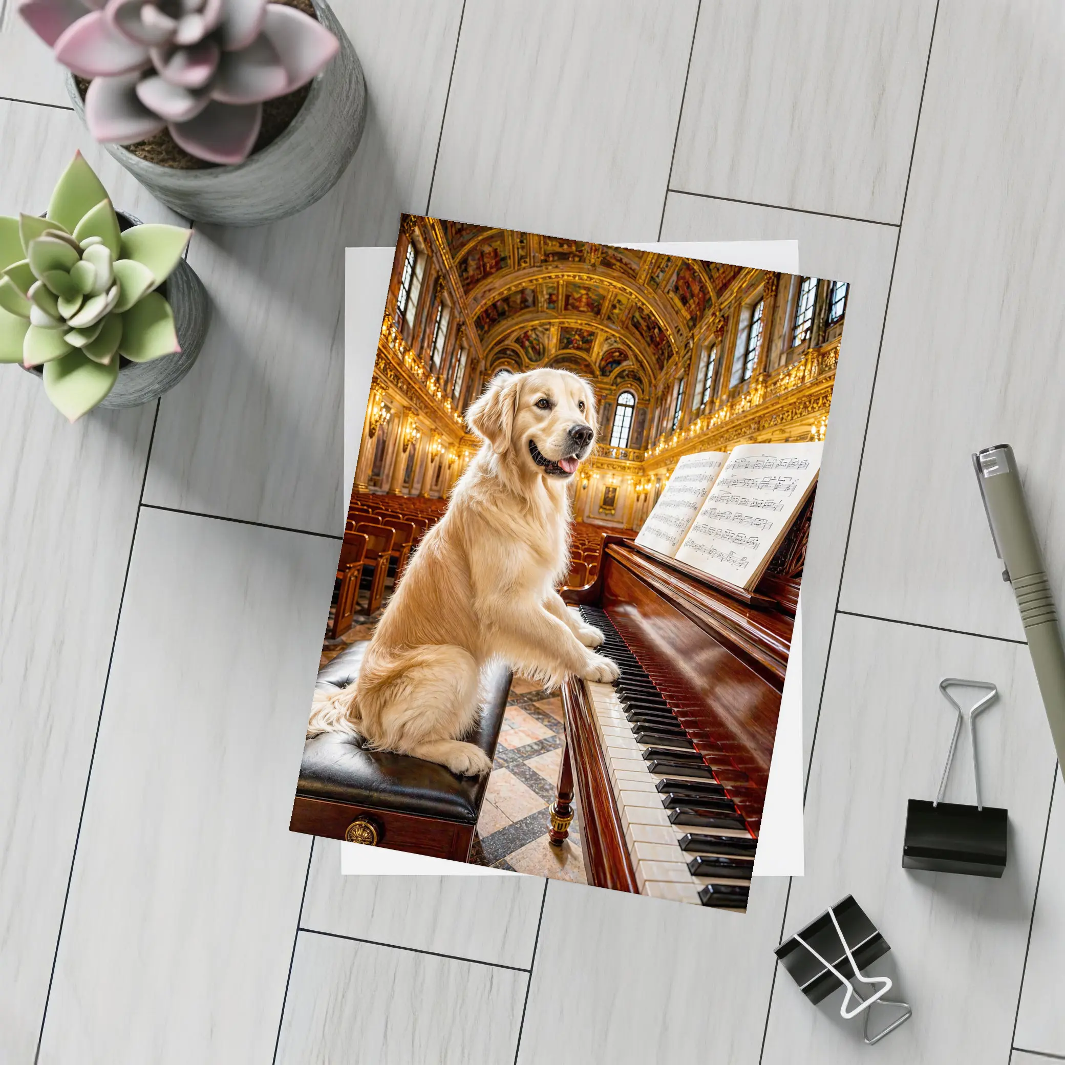 Golden Retriever Playing Piano Concert Hall – Postcards