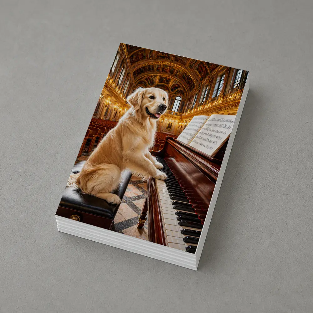Golden Retriever Playing Piano Concert Hall – Postcards