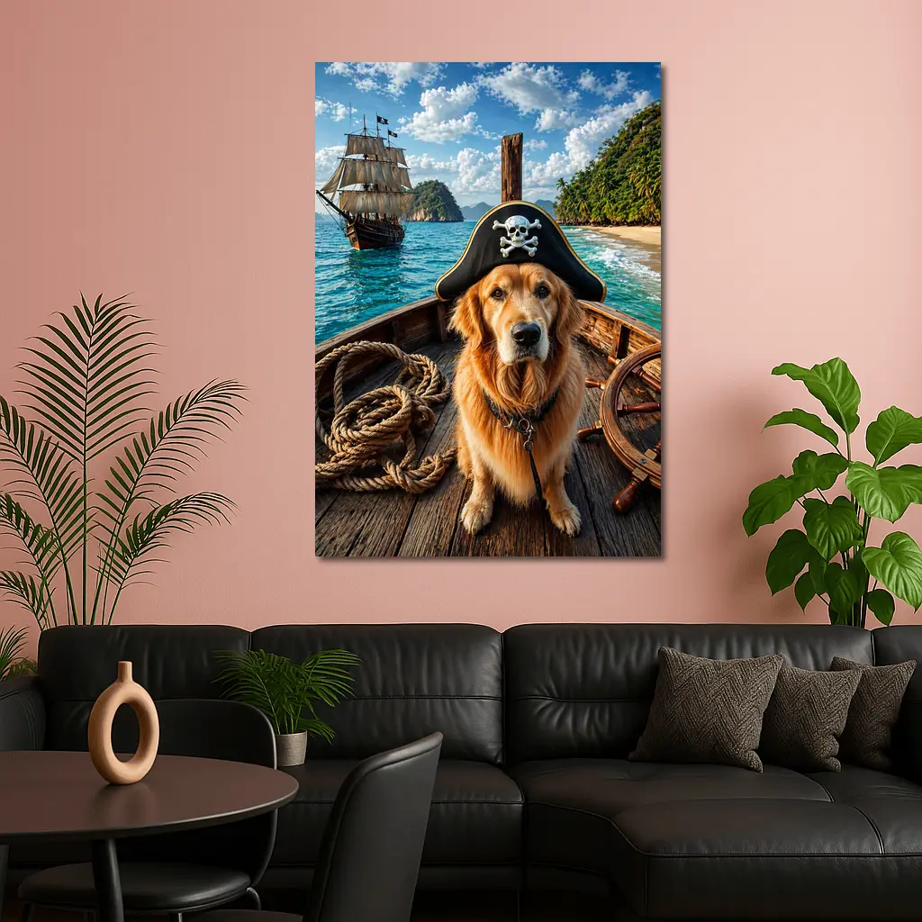 Golden Retriever Pirate Captain Tropical Island Ship – Wall Art