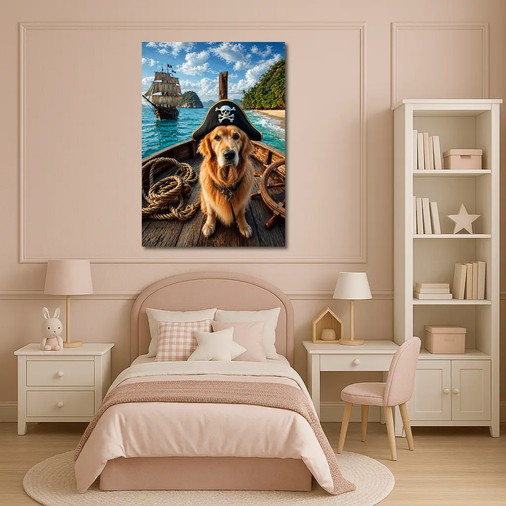 Golden Retriever Pirate Captain Tropical Island Ship – Wall Art