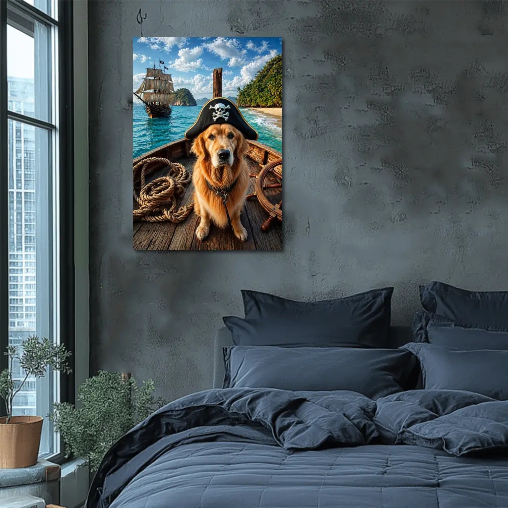 Golden Retriever Pirate Captain Tropical Island Ship – Wall Art