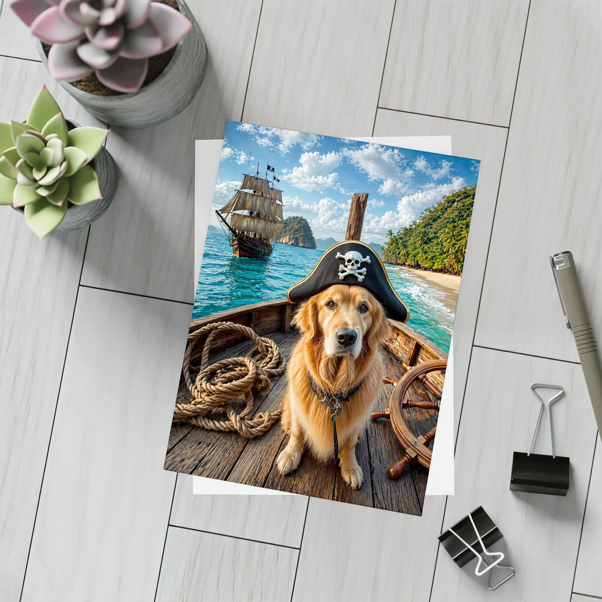 Golden Retriever Pirate Captain Tropical Island Ship – Postcards