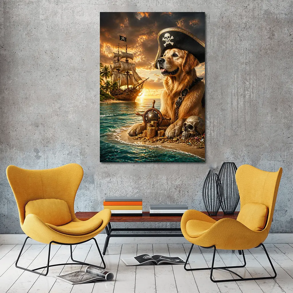 Golden Retriever Pirate Captain Treasure Island Sunset – Wall Art