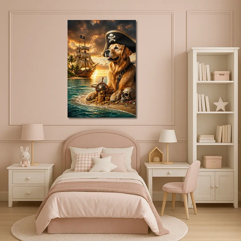 Golden Retriever Pirate Captain Treasure Island Sunset – Wall Art