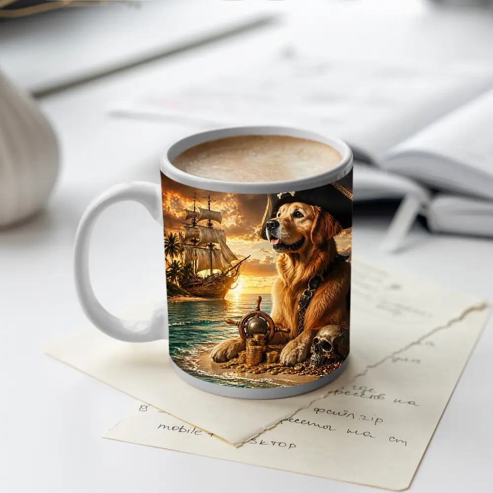 Golden Retriever Pirate Captain Treasure Island Sunset – Mugs