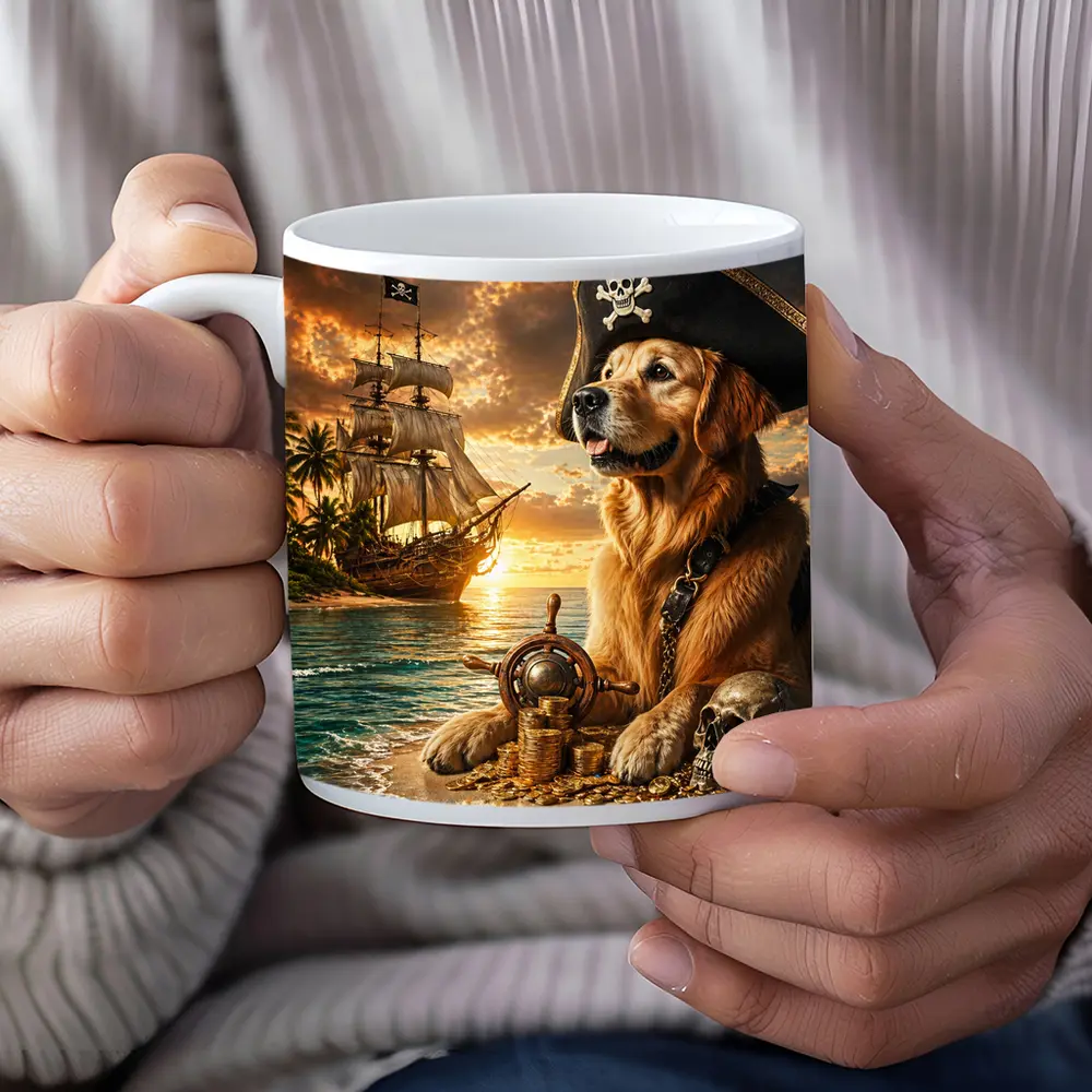 Golden Retriever Pirate Captain Treasure Island Sunset – Mugs