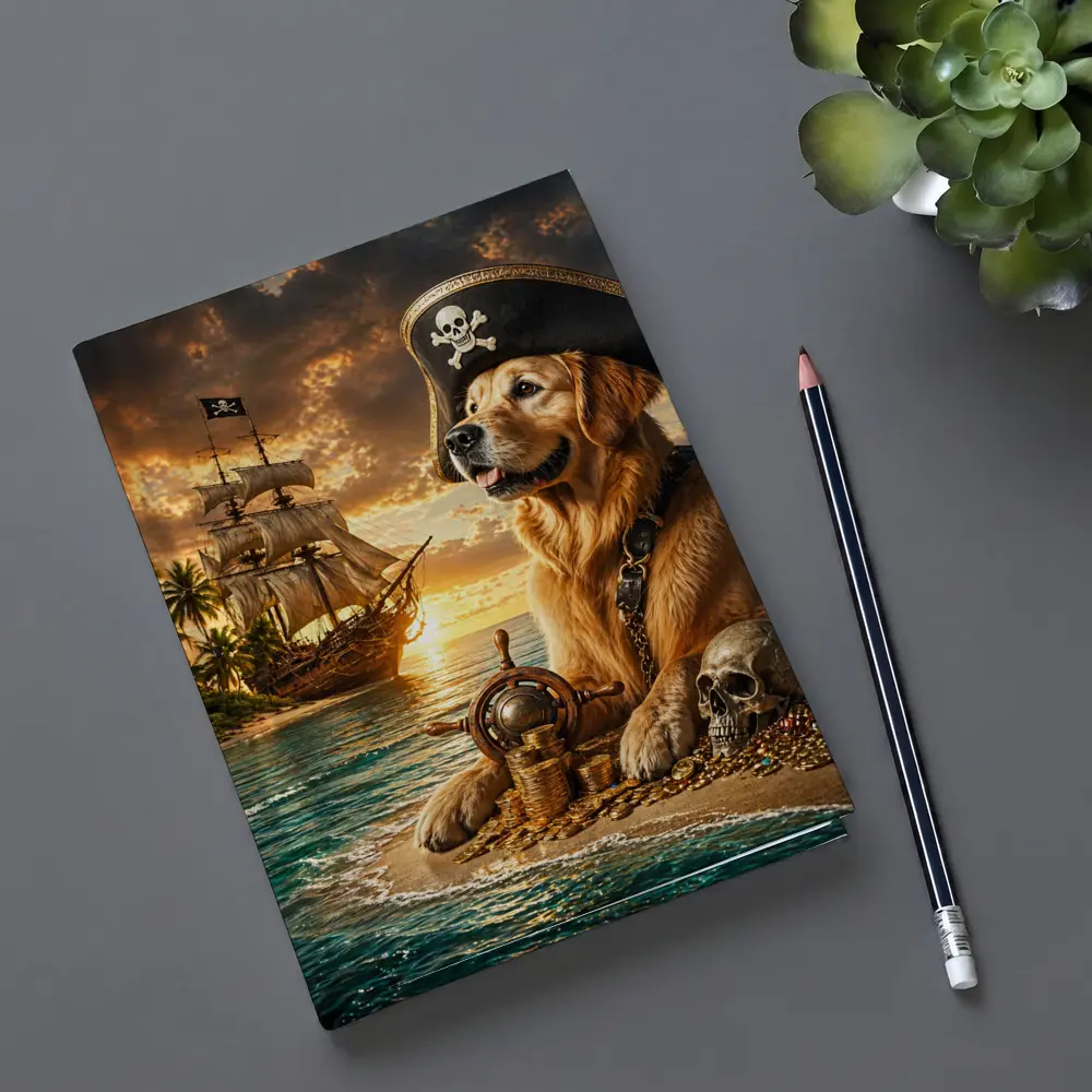 Golden Retriever Pirate Captain Treasure Island Sunset – Notebooks