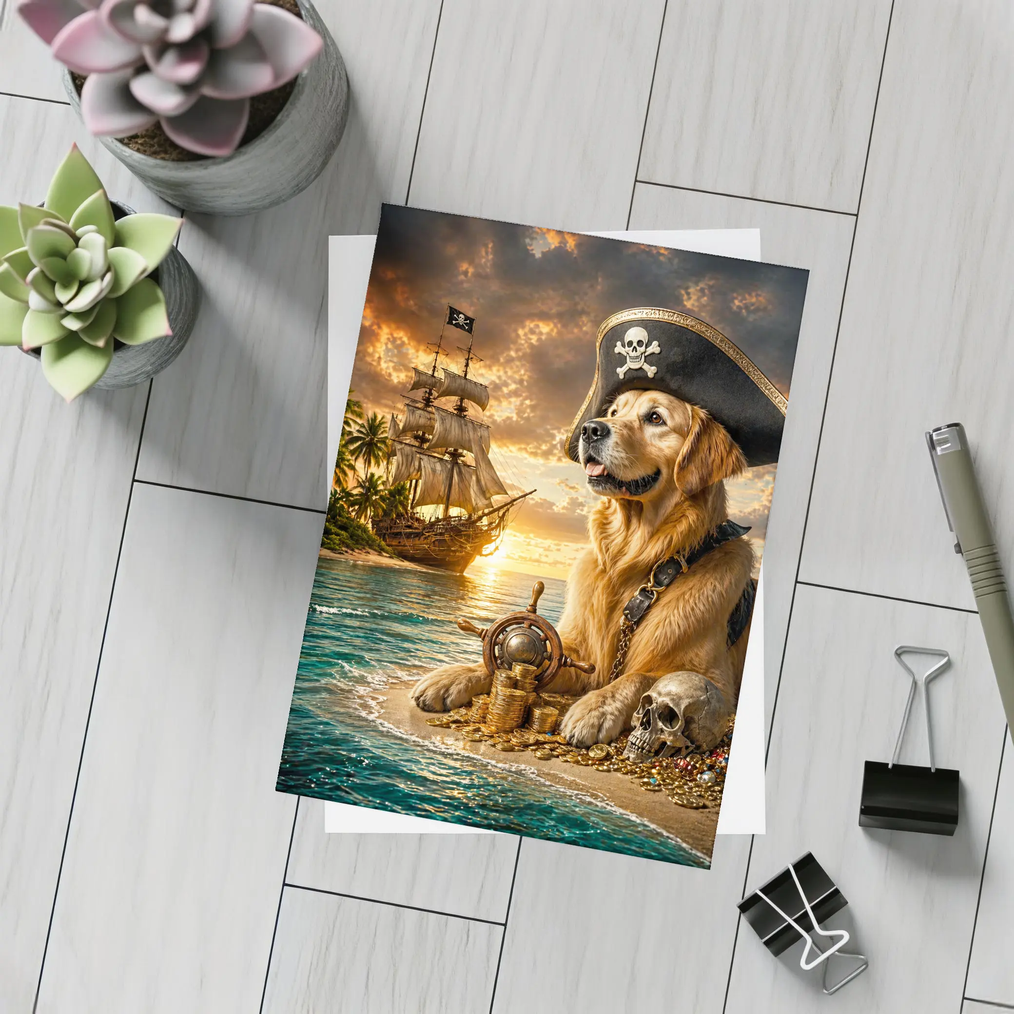 Golden Retriever Pirate Captain Treasure Island Sunset – Postcards