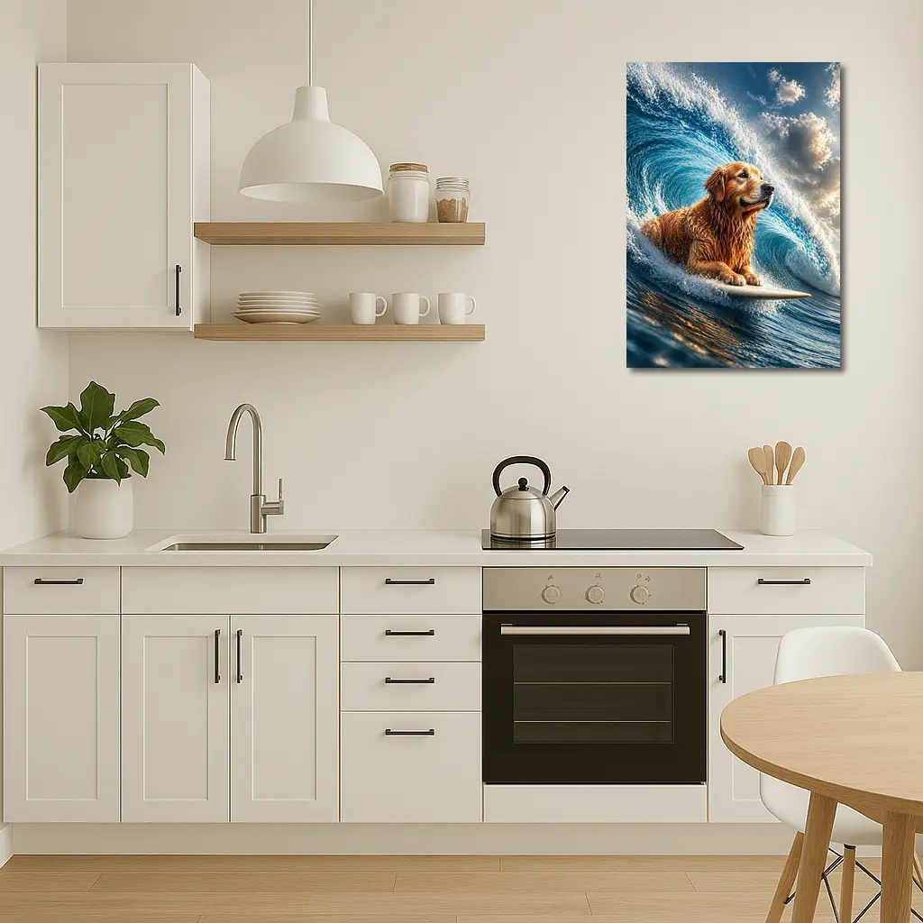 Golden Retriever Surfing Giant Ocean Wave – Wall Art