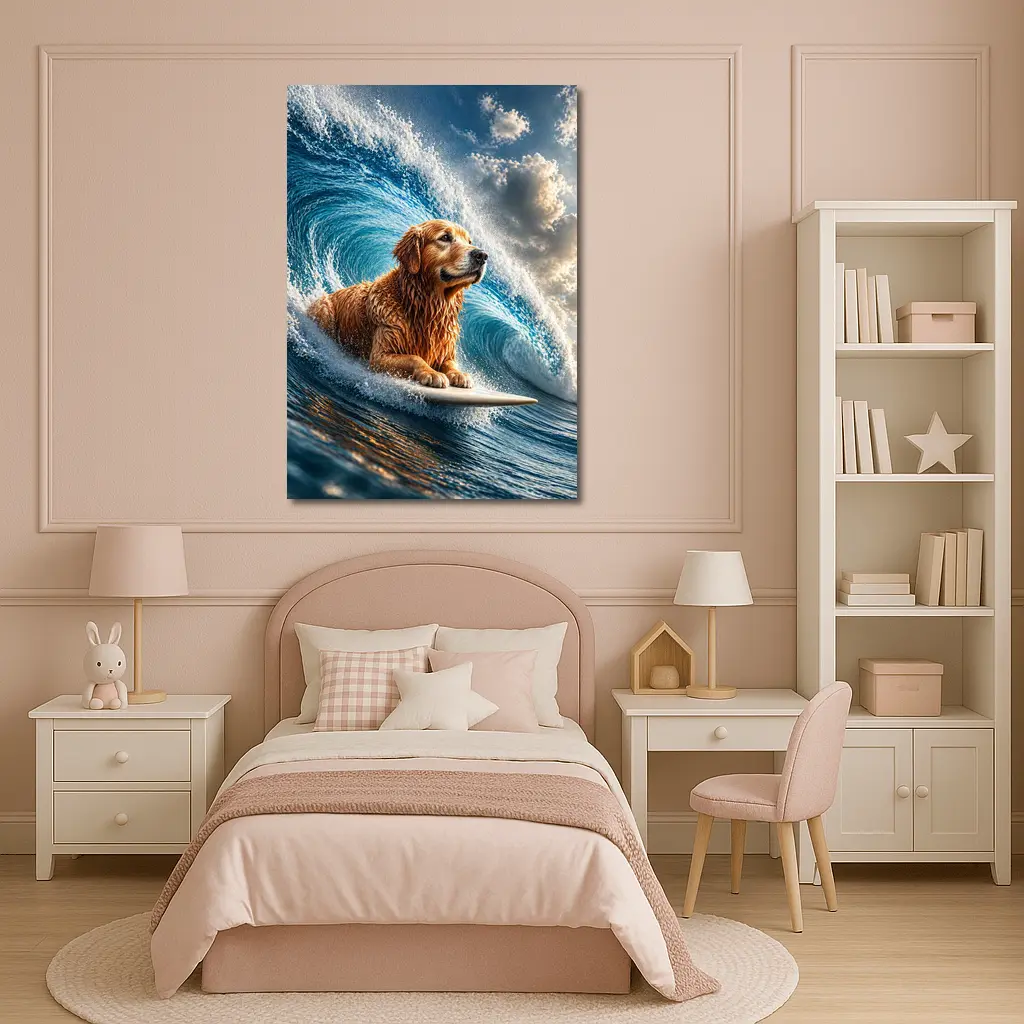 Golden Retriever Surfing Giant Ocean Wave – Wall Art