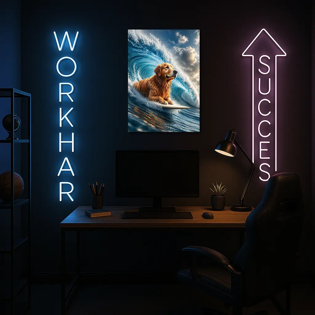 Golden Retriever Surfing Giant Ocean Wave – Wall Art