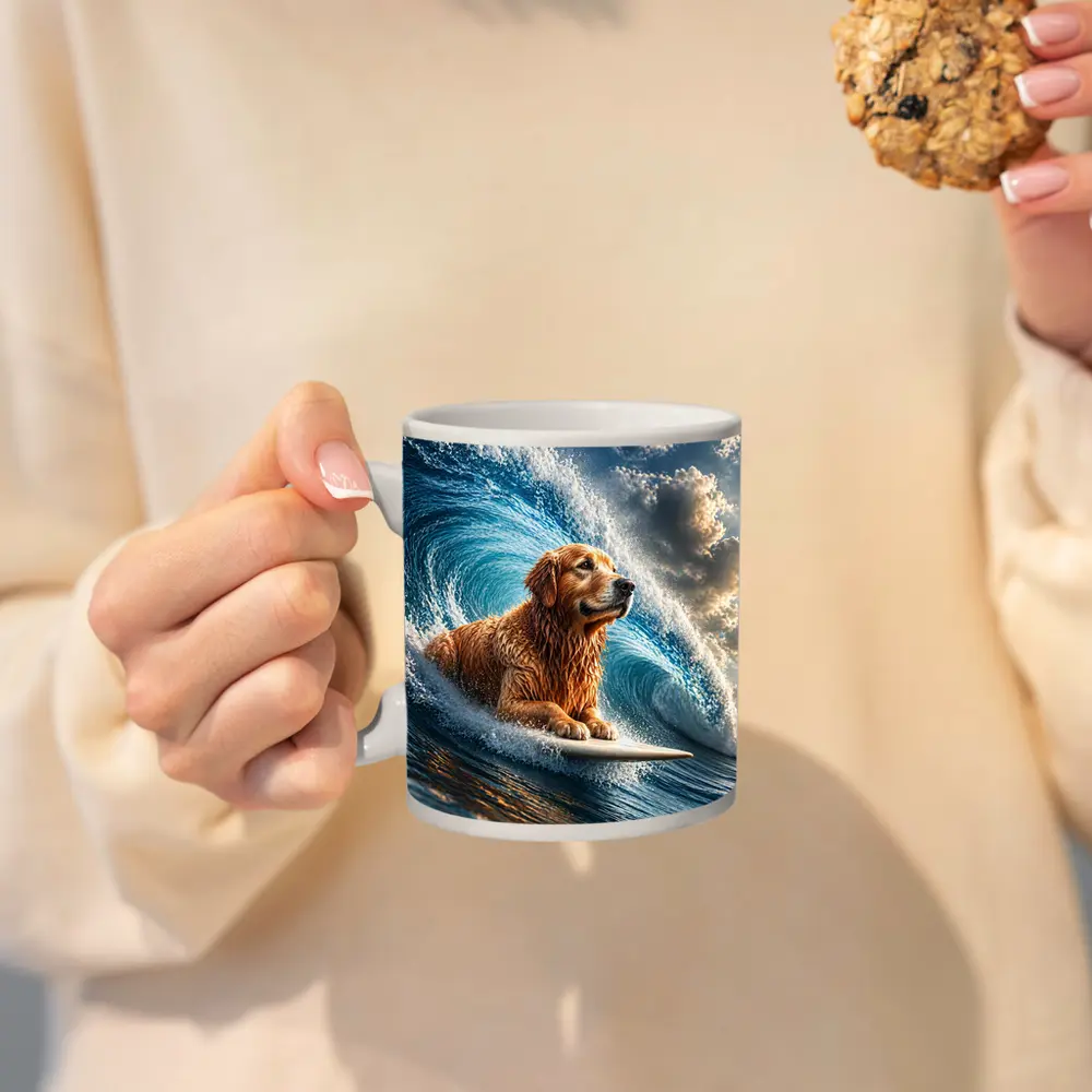 Golden Retriever Surfing Giant Ocean Wave – Mugs