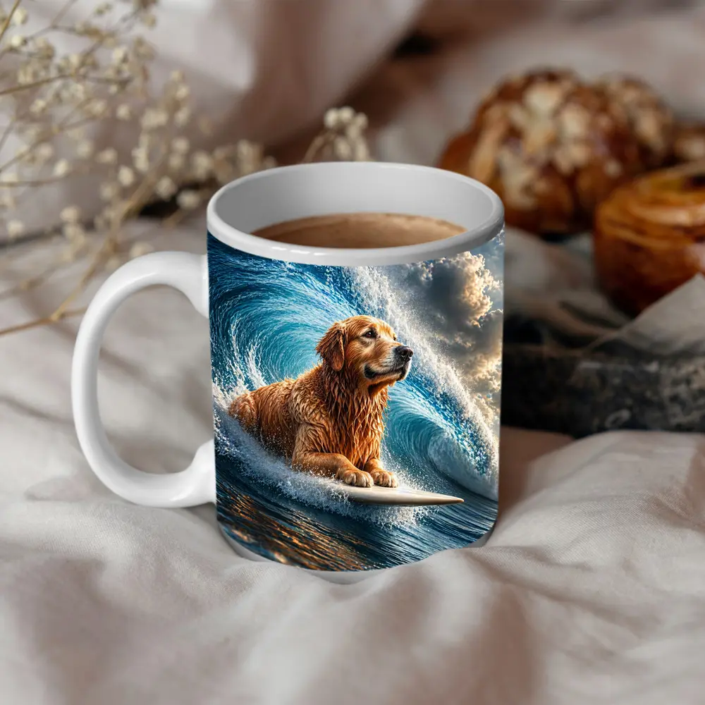 Golden Retriever Surfing Giant Ocean Wave – Mugs