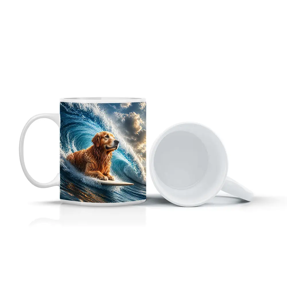 Golden Retriever Surfing Giant Ocean Wave – Mugs