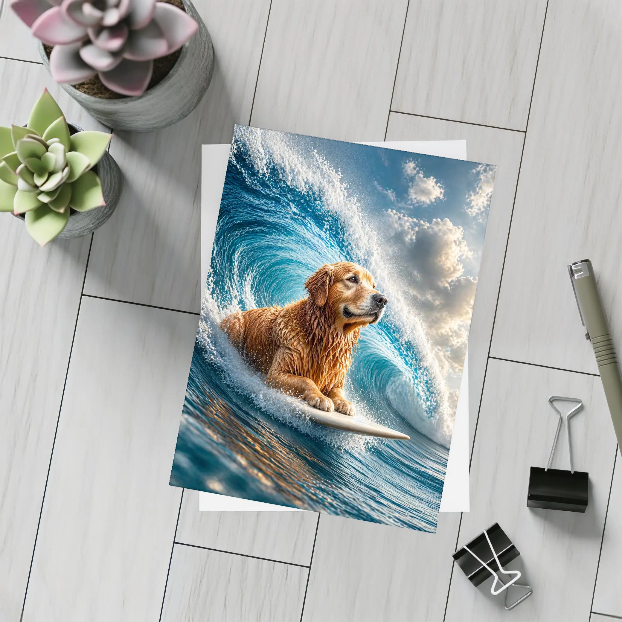 Golden Retriever Surfing Giant Ocean Wave – Postcards