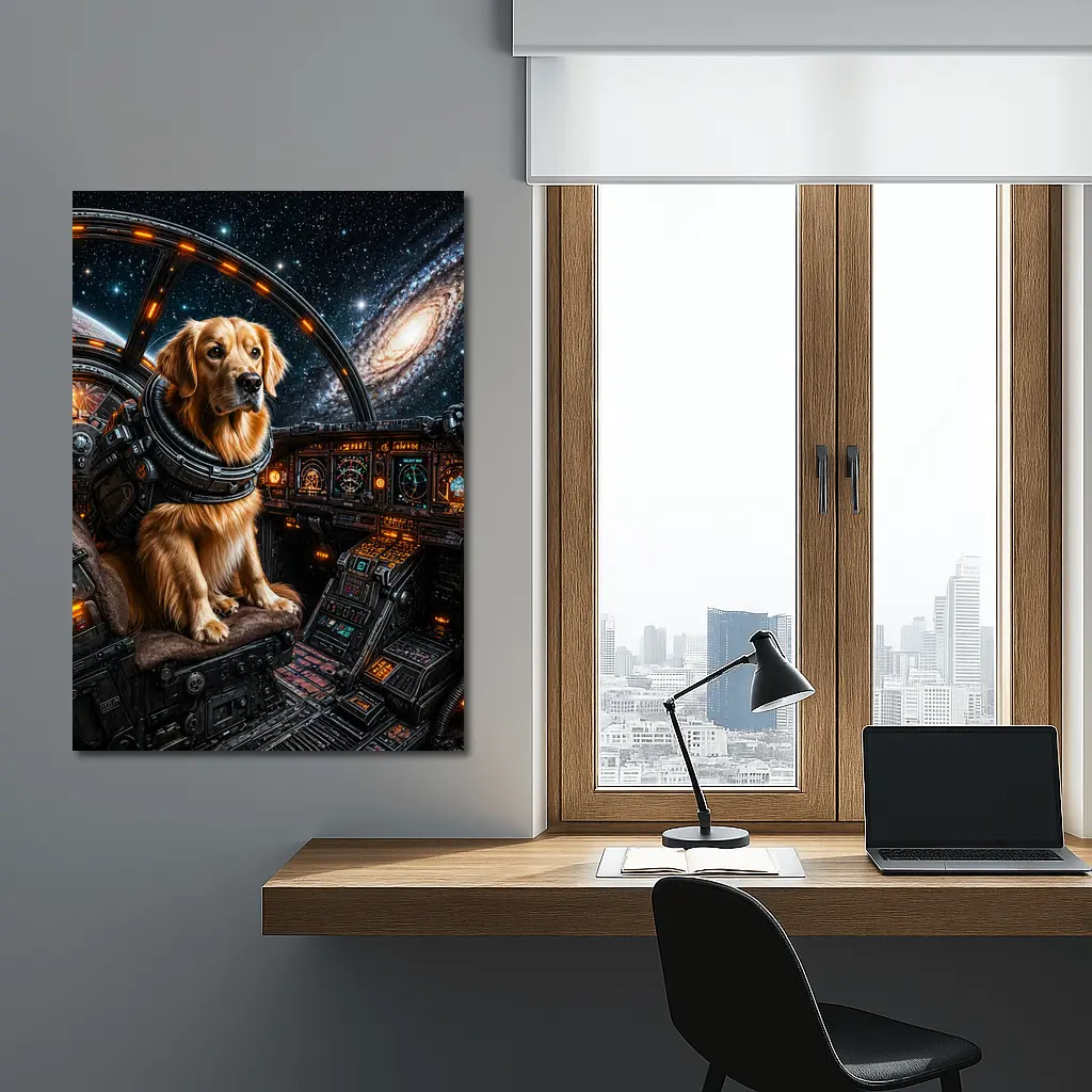 Golden Retriever Pilot In Space Cockpit – Wall Art