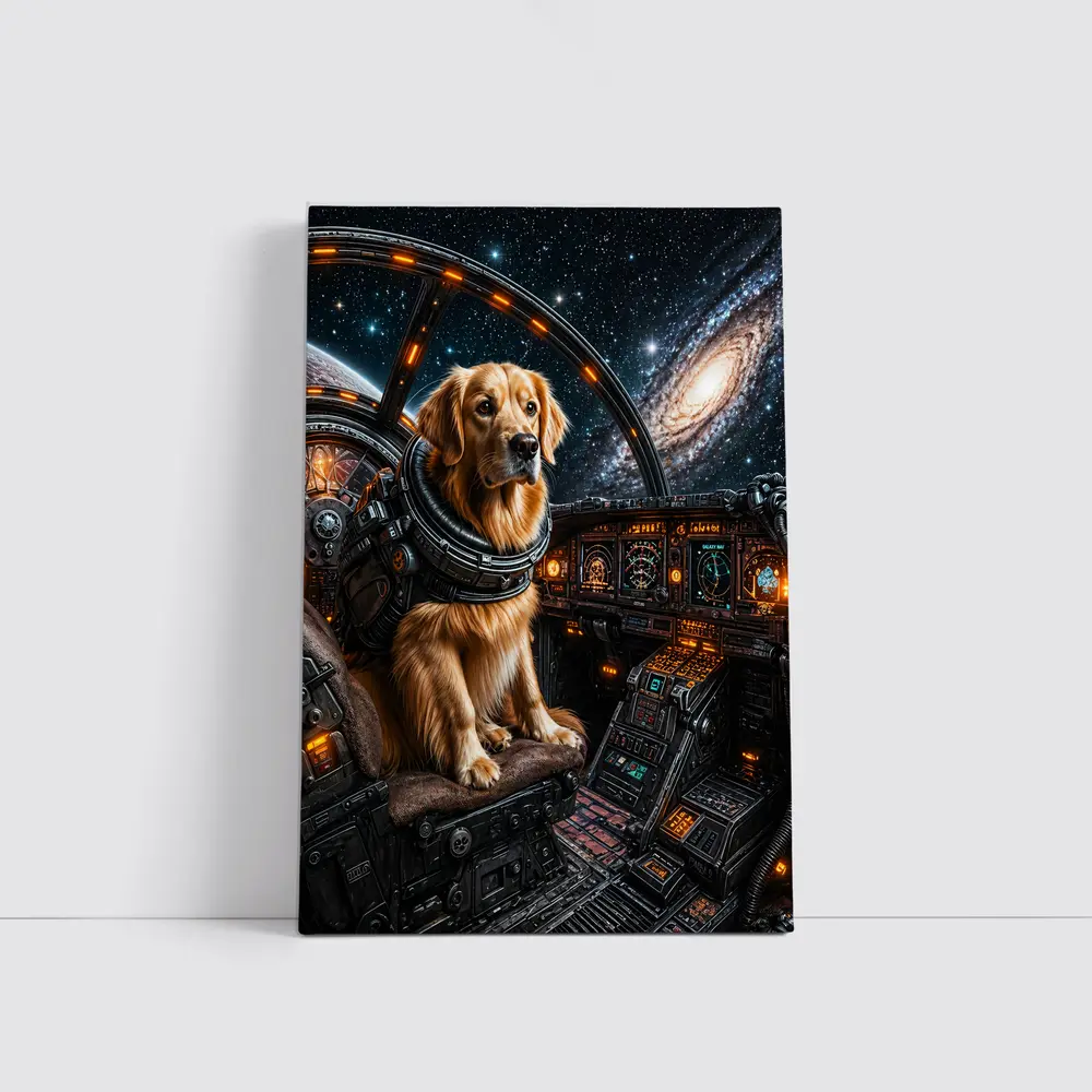 Golden Retriever Pilot In Space Cockpit – Wall Art