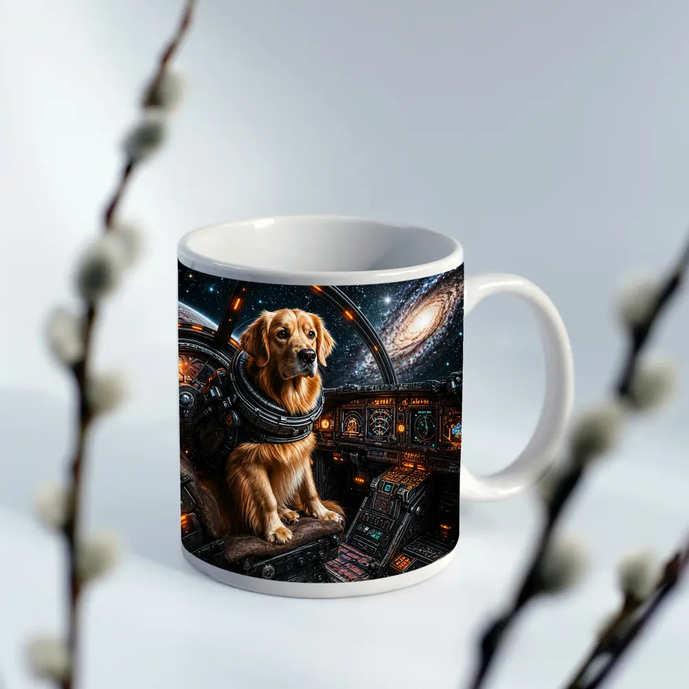 Golden Retriever Pilot In Space Cockpit – Mugs