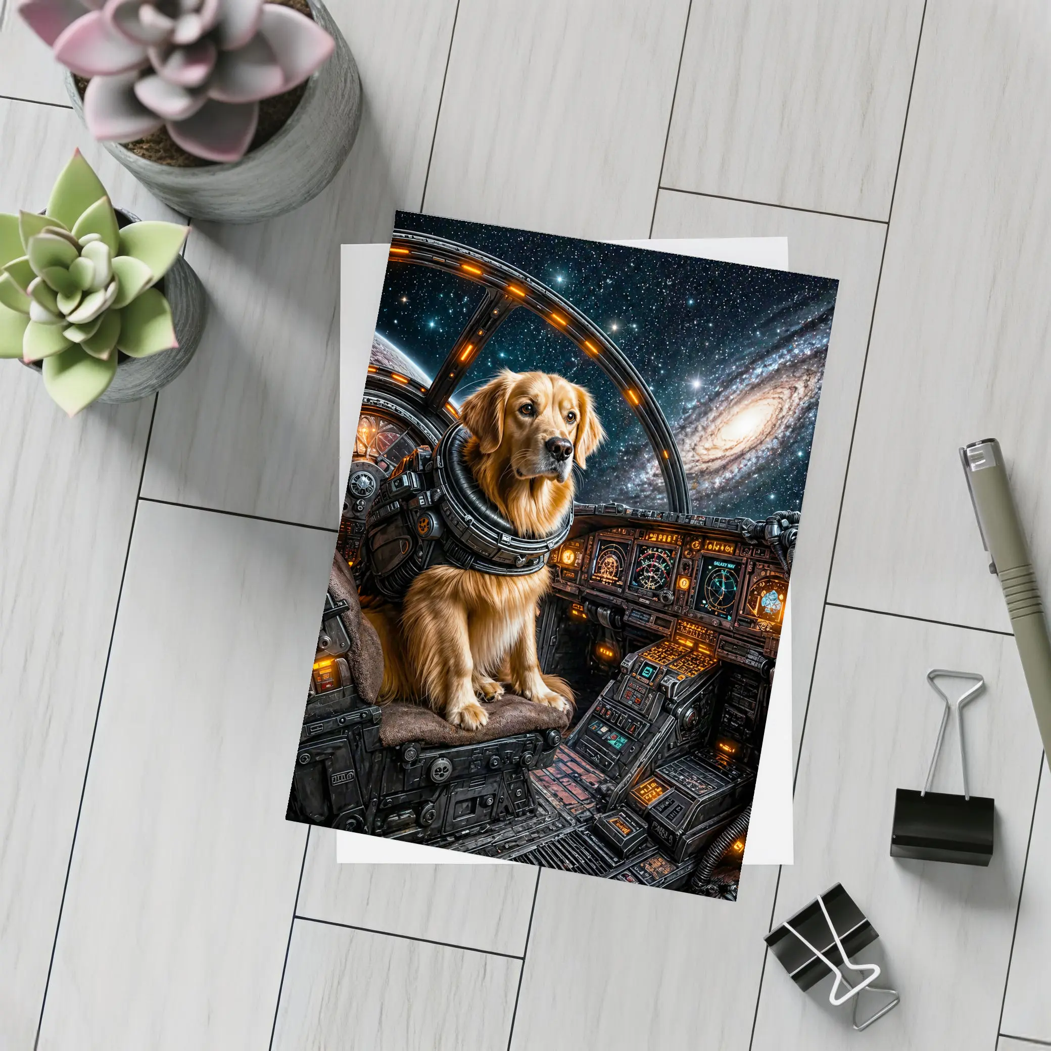Golden Retriever Pilot In Space Cockpit – Postcards