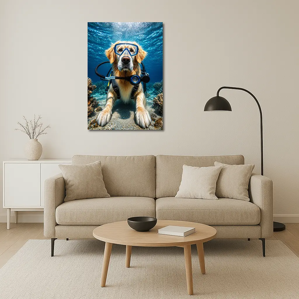 Golden Retriever Scuba Diving Underwater Coral – Wall Art