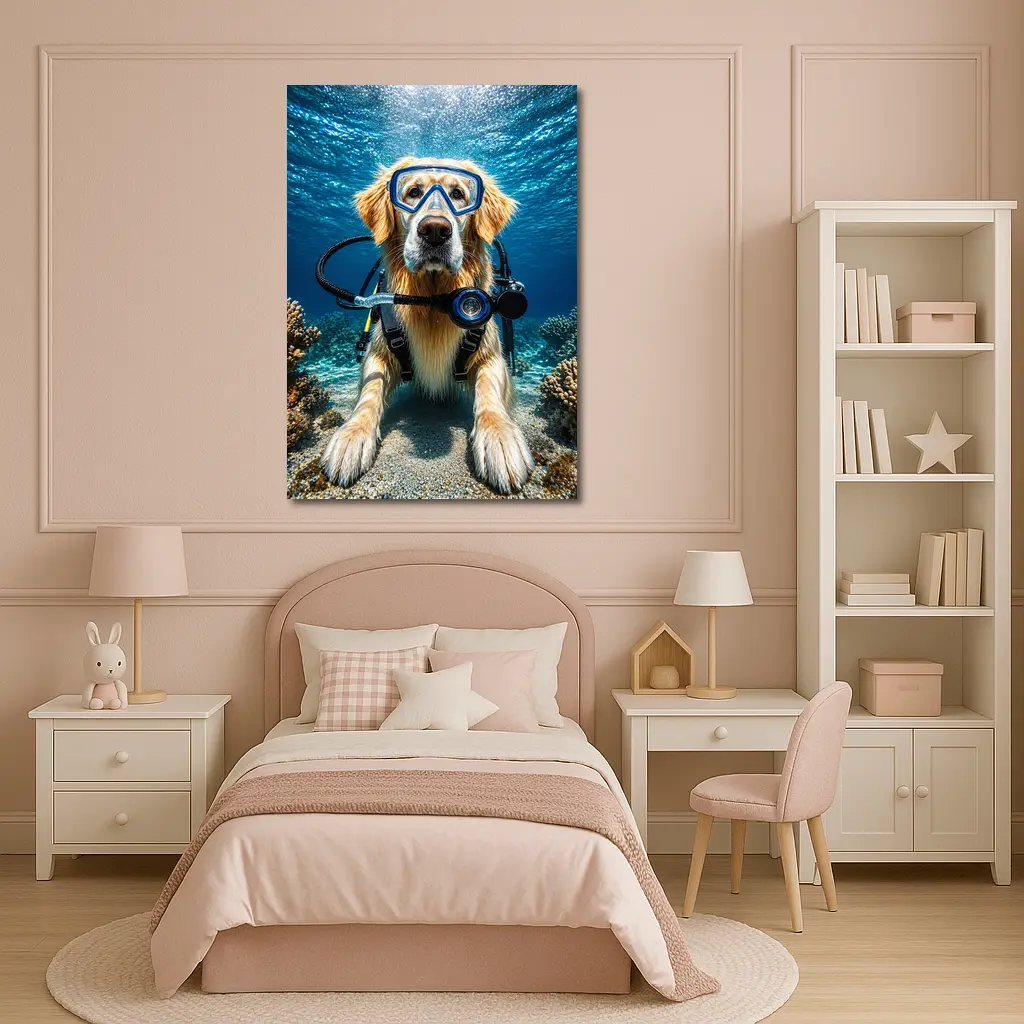 Golden Retriever Scuba Diving Underwater Coral – Wall Art