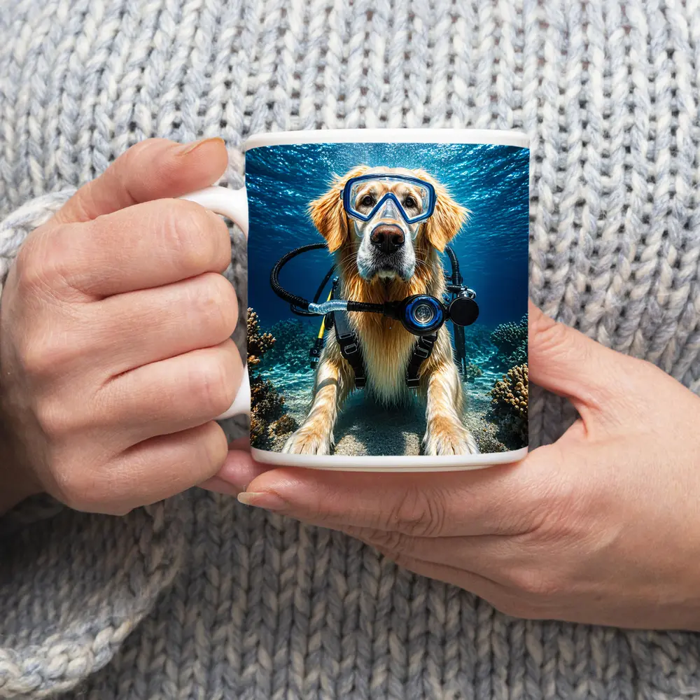 Golden Retriever Scuba Diving Underwater Coral – Mugs