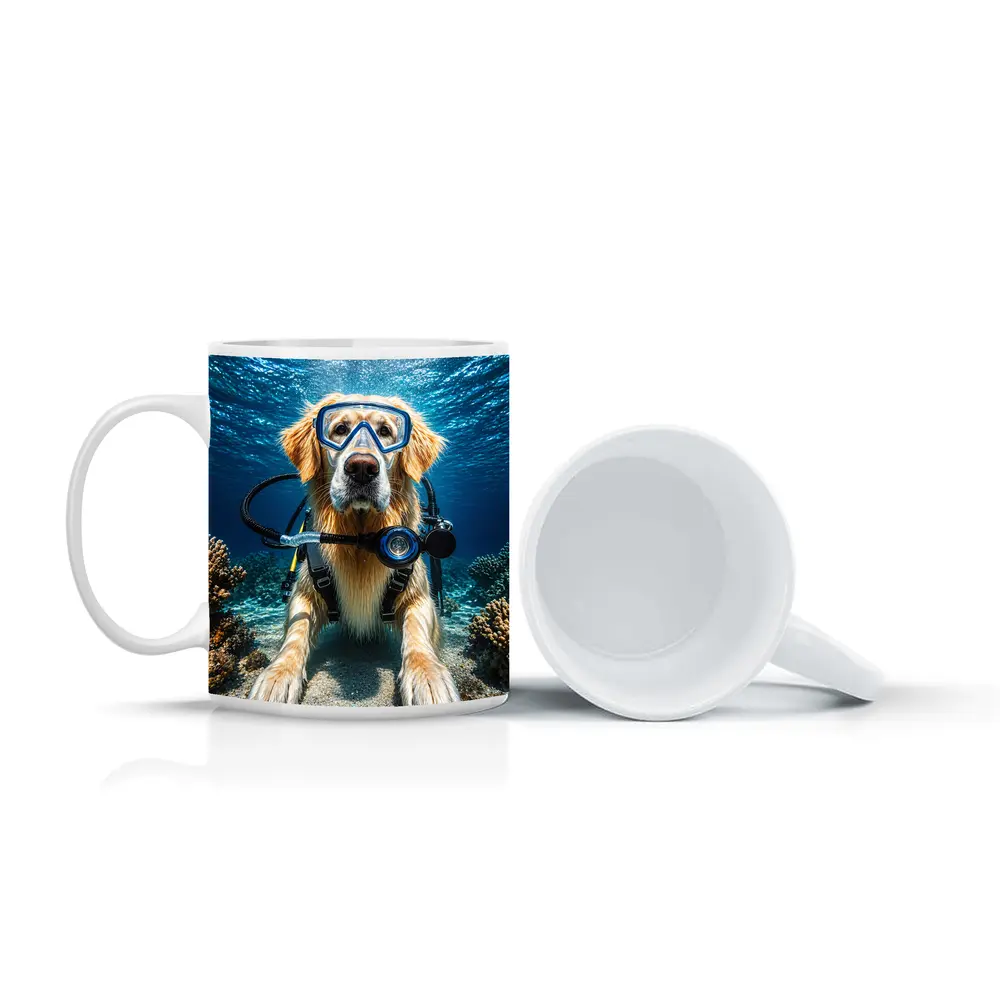 Golden Retriever Scuba Diving Underwater Coral – Mugs