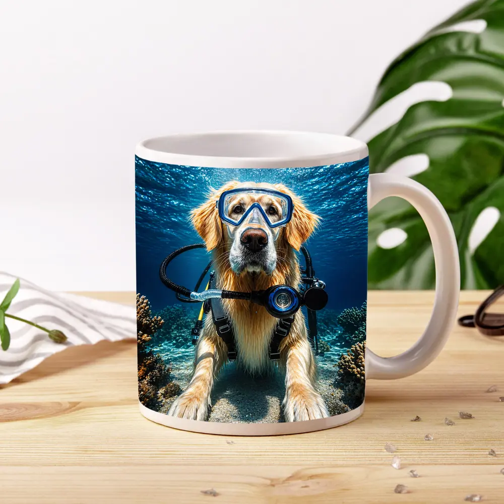 Golden Retriever Scuba Diving Underwater Coral – Mugs
