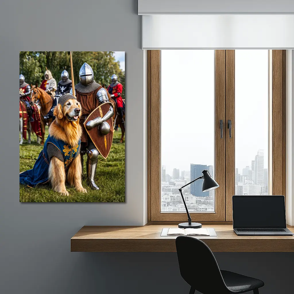 Golden Retriever Knight Medieval Tournament Scene – Wall Art