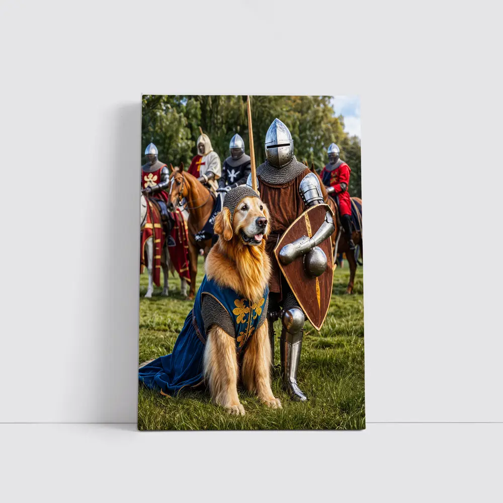 Golden Retriever Knight Medieval Tournament Scene – Wall Art