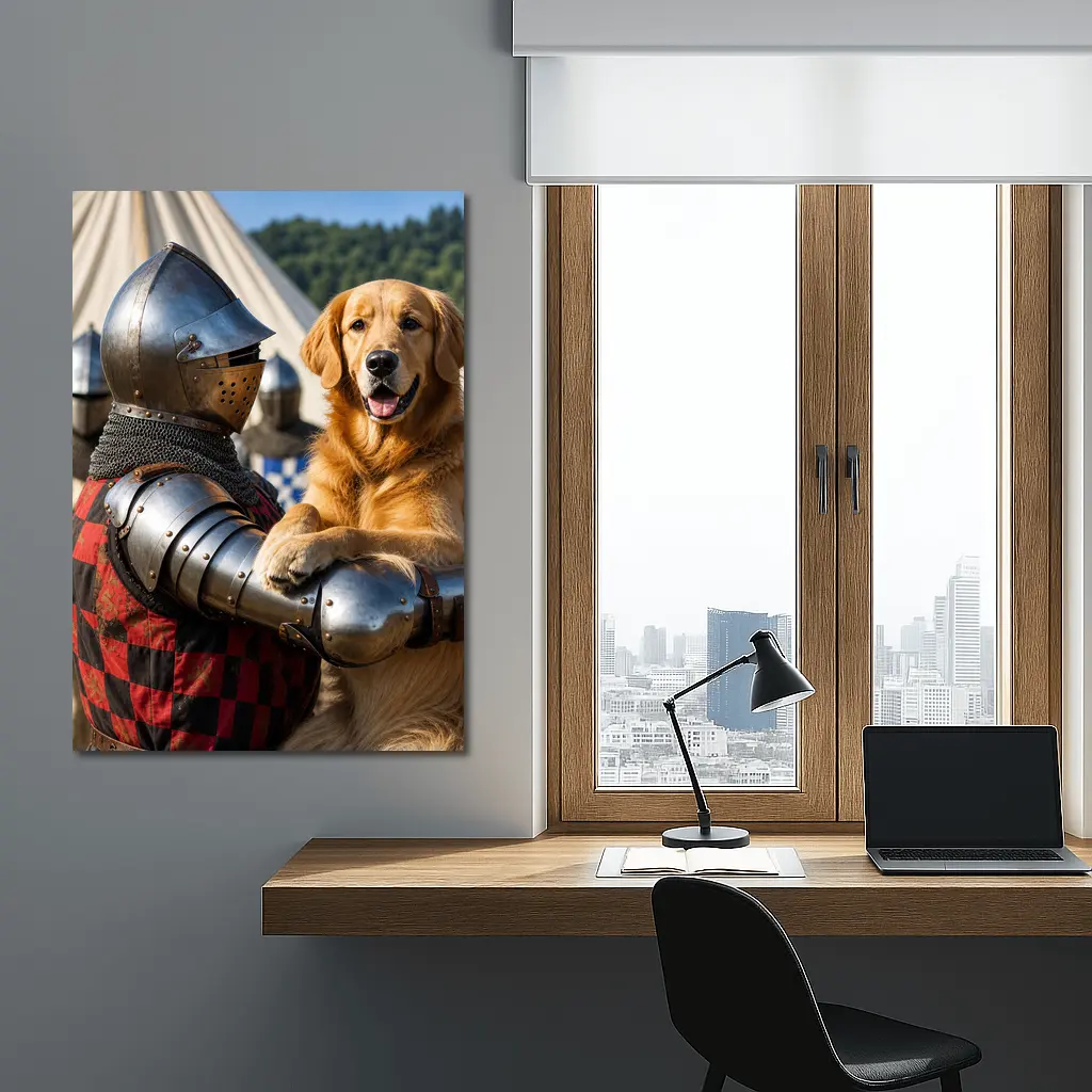 Golden Retriever Knight Medieval Tournament Scene – Wall Art
