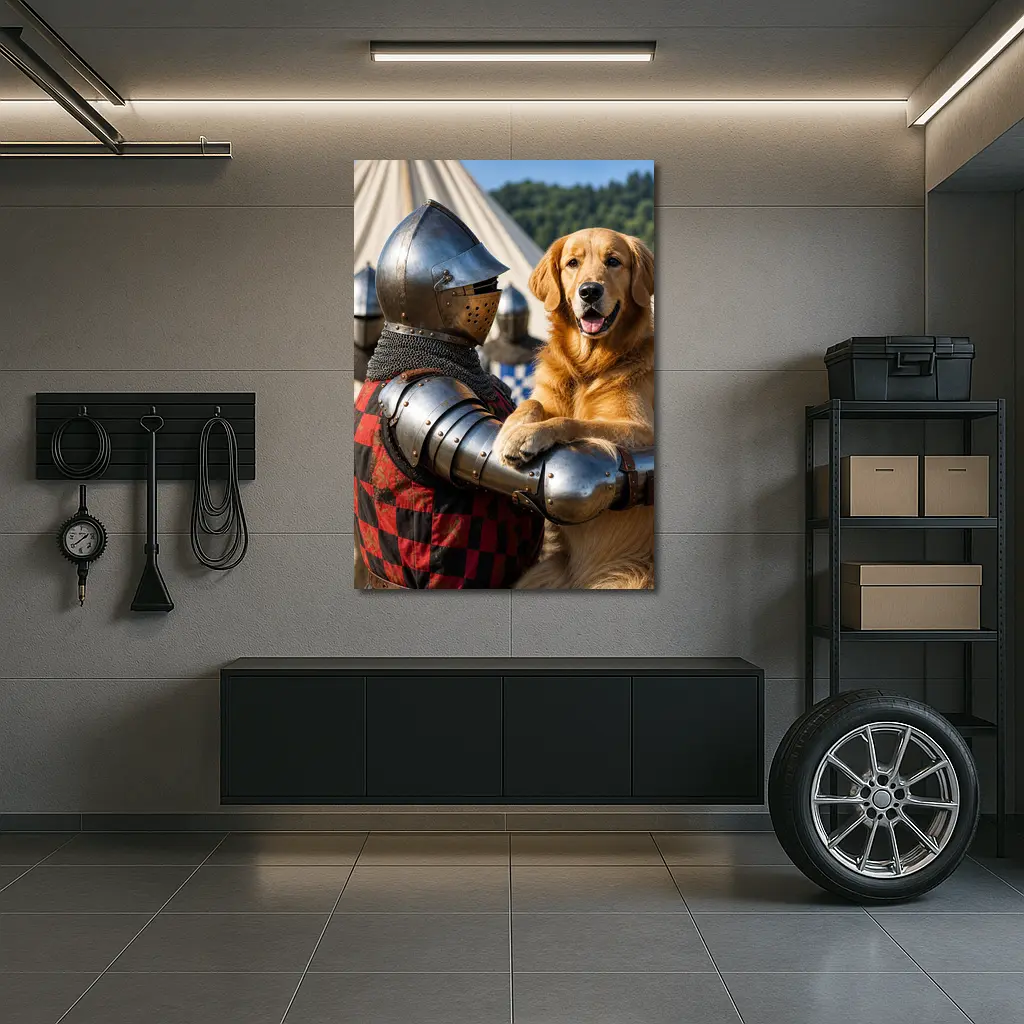 Golden Retriever Knight Medieval Tournament Scene – Wall Art